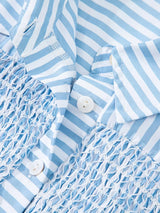 Stripe Shirred Detail Half Placket Collared Long Sleeve Shirt - Trendsi - Flyclothing LLC