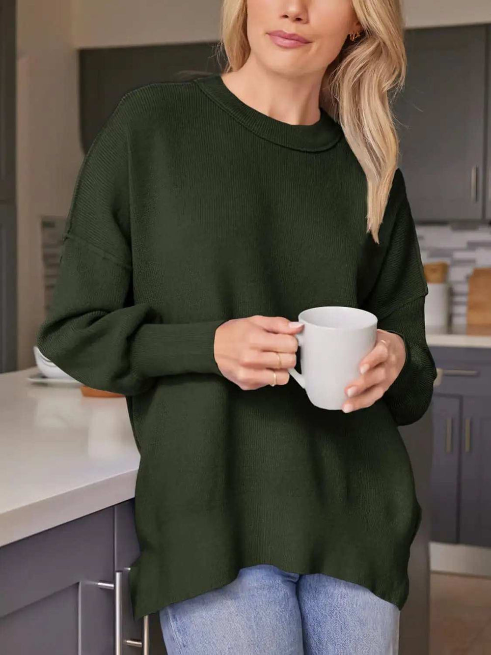 Slit Round Neck Dropped Shoulder Sweater - Trendsi - Flyclothing LLC
