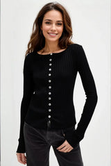 Basic Bae Texture Button Up Round Neck Long Sleeve Top - ShopBasicbae - Flyclothing LLC