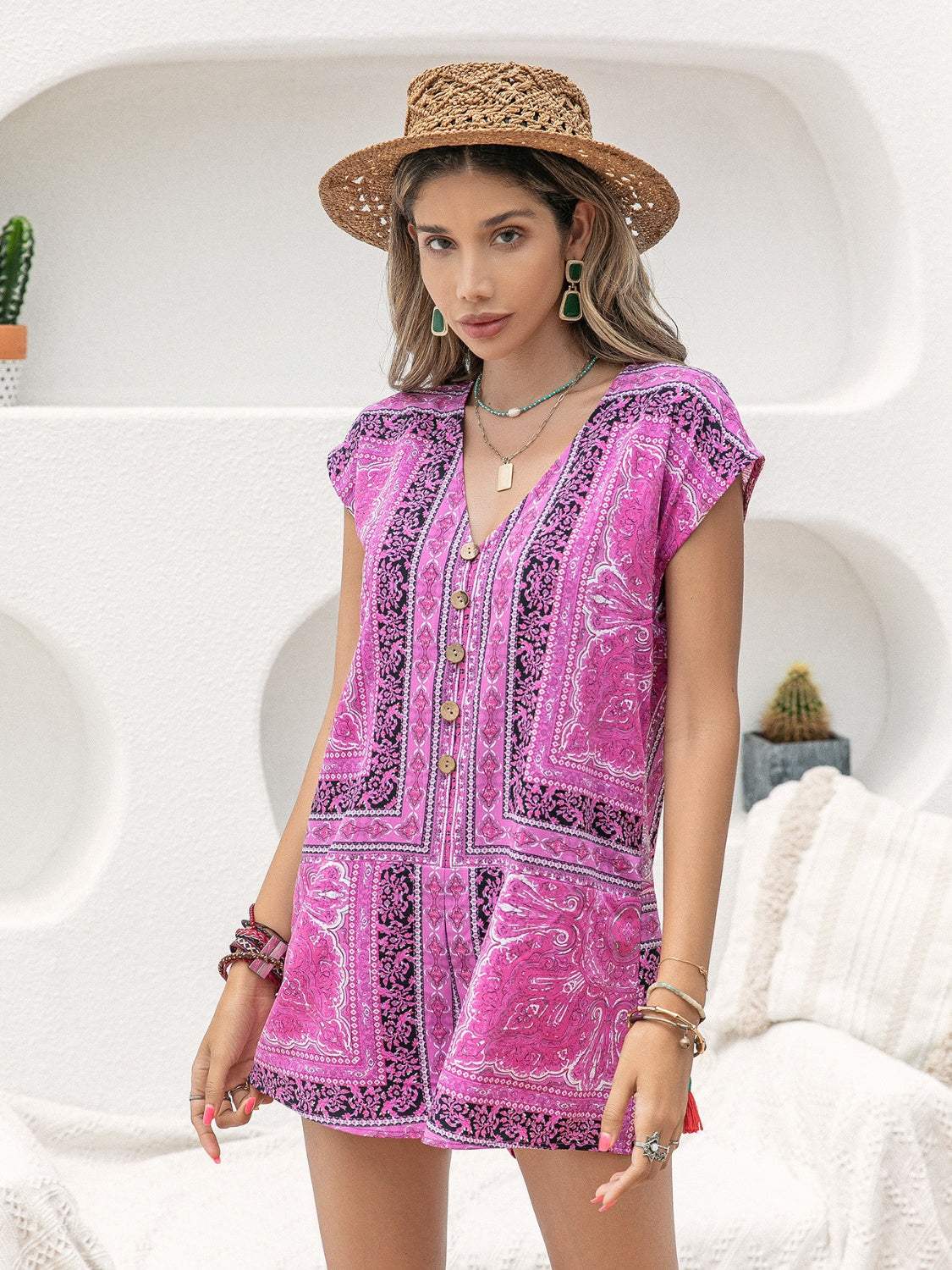 Printed V-Neck Cap Sleeve Romper - Trendsi - Flyclothing LLC