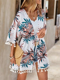 Tassel Tied Printed Half Sleeve Cover Up - Trendsi