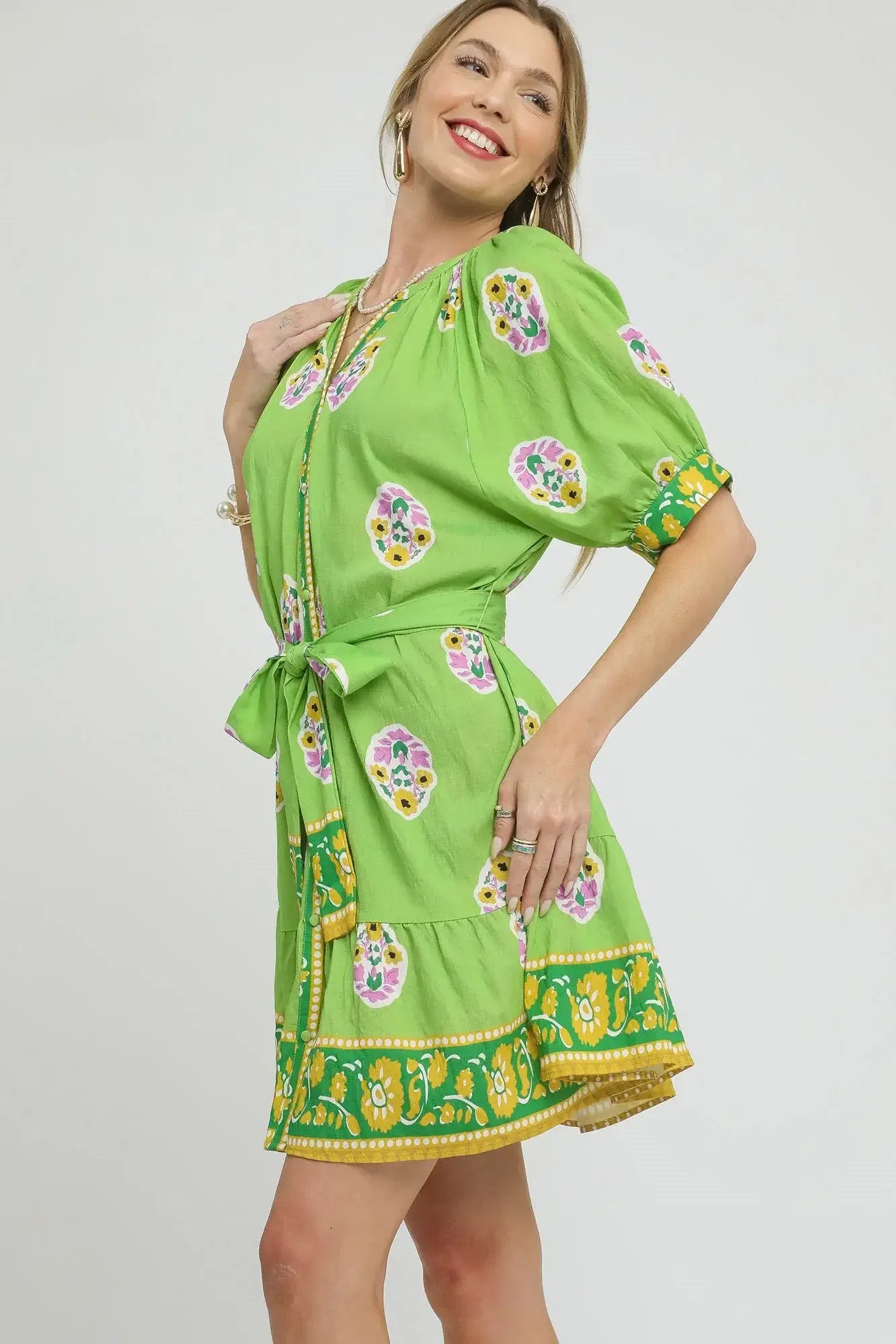 Umgee Floral Print Tie Waist Short Sleeve Dress - Trendsi - Flyclothing LLC