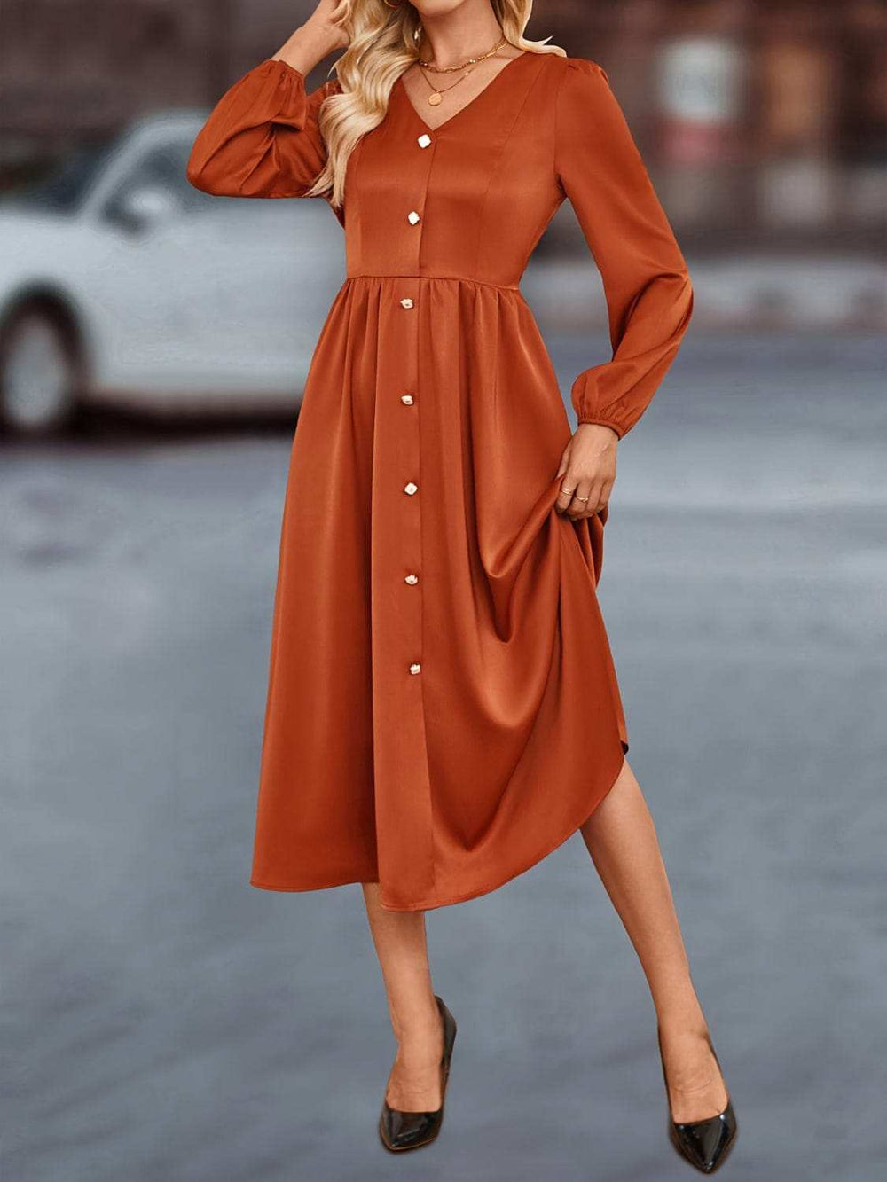V-Neck Balloon Sleeve Midi Dress - Trendsi - Flyclothing LLC