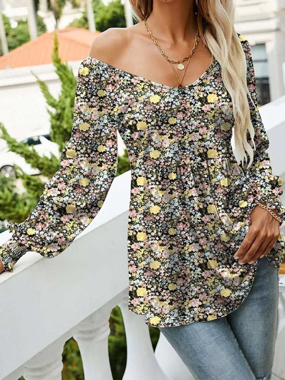 Printed Scoop Neck Long Sleeve Blouse - Trendsi - Flyclothing LLC
