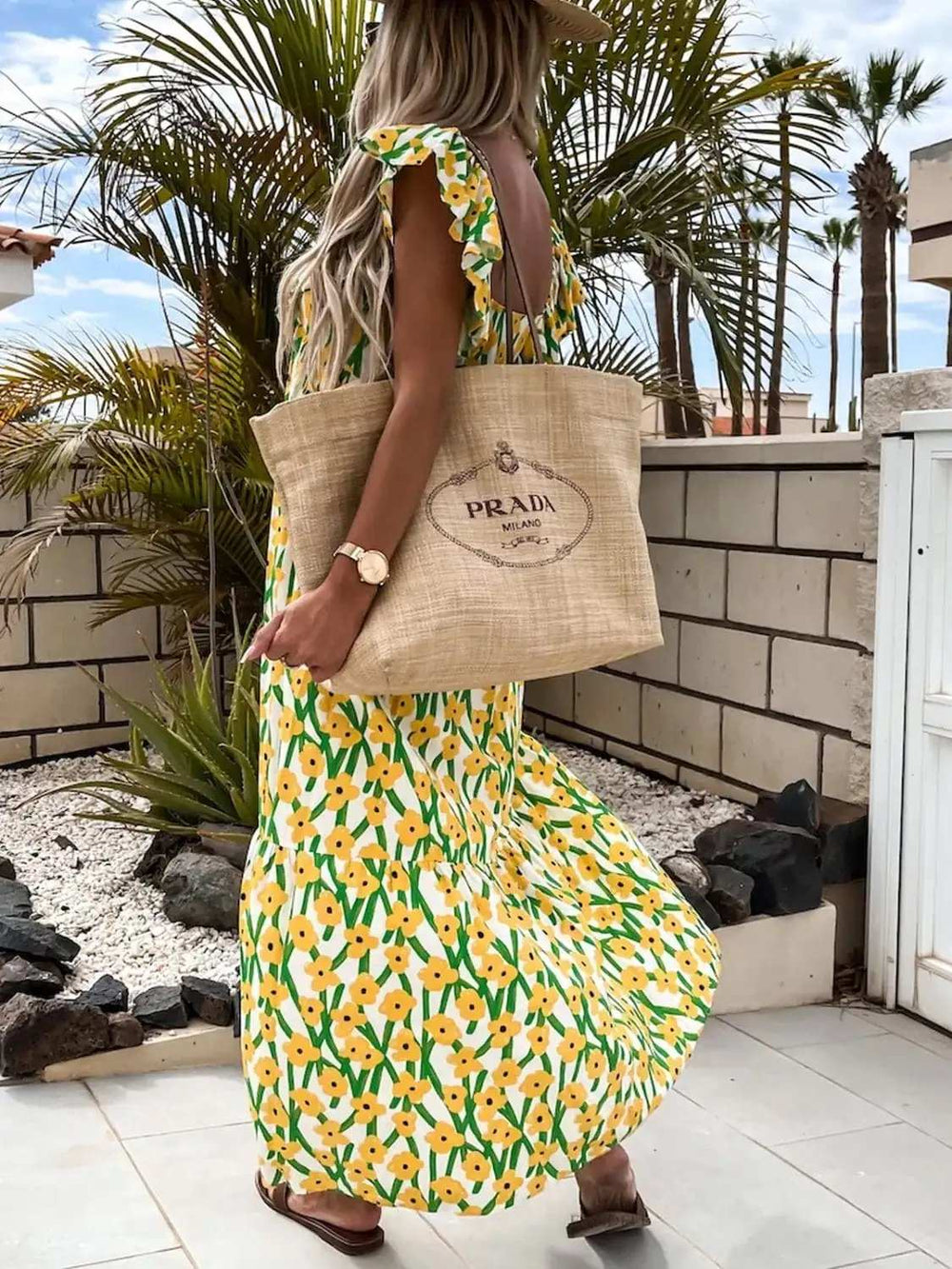 Ruffled Printed Cap Sleeve Midi Dress - Trendsi - Flyclothing LLC