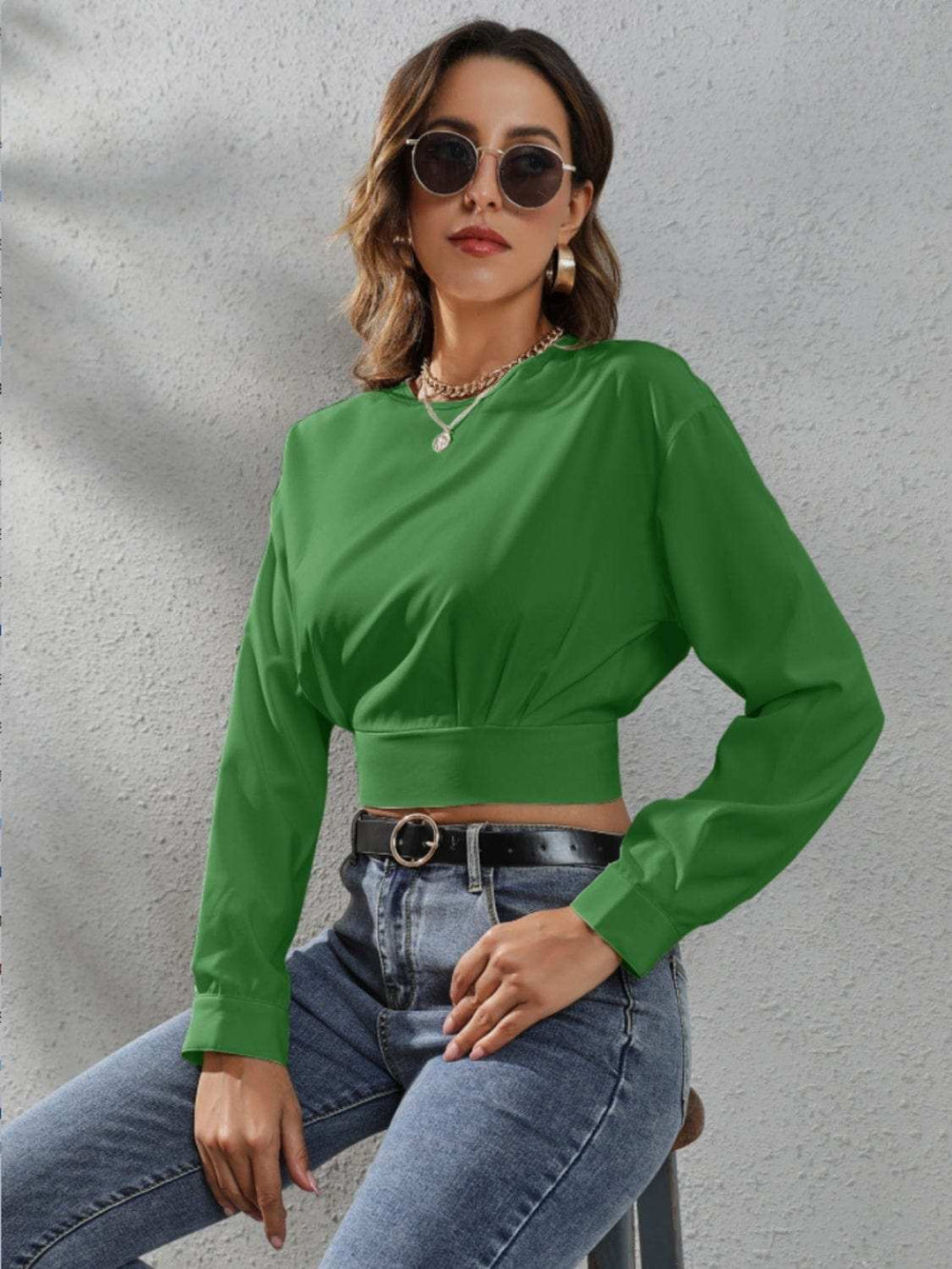 Round Neck Long Sleeve Blouse - Trendsi - Flyclothing LLC