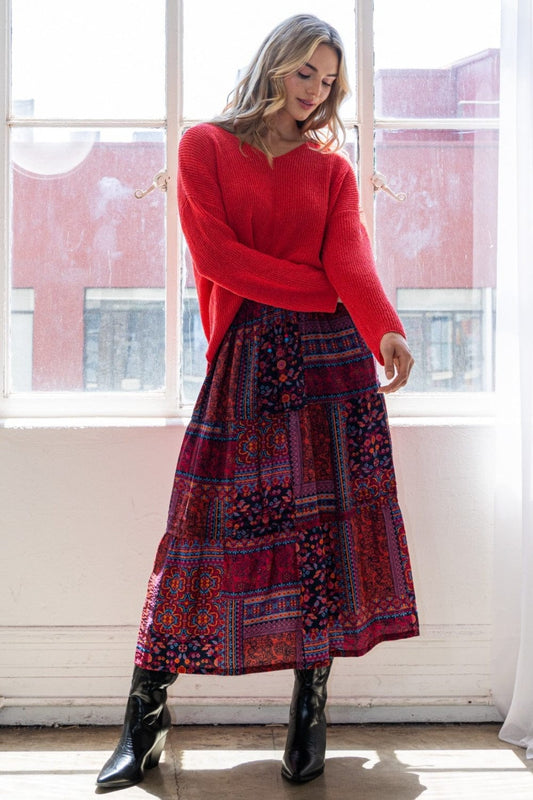 ODDI Full Size Printed Tiered Maxi Skirt - Trendsi