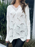 Lace Detail Openwork V-Neck Long Sleeve Sweater - Trendsi
