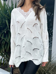 Lace Detail Openwork V-Neck Long Sleeve Sweater - Trendsi