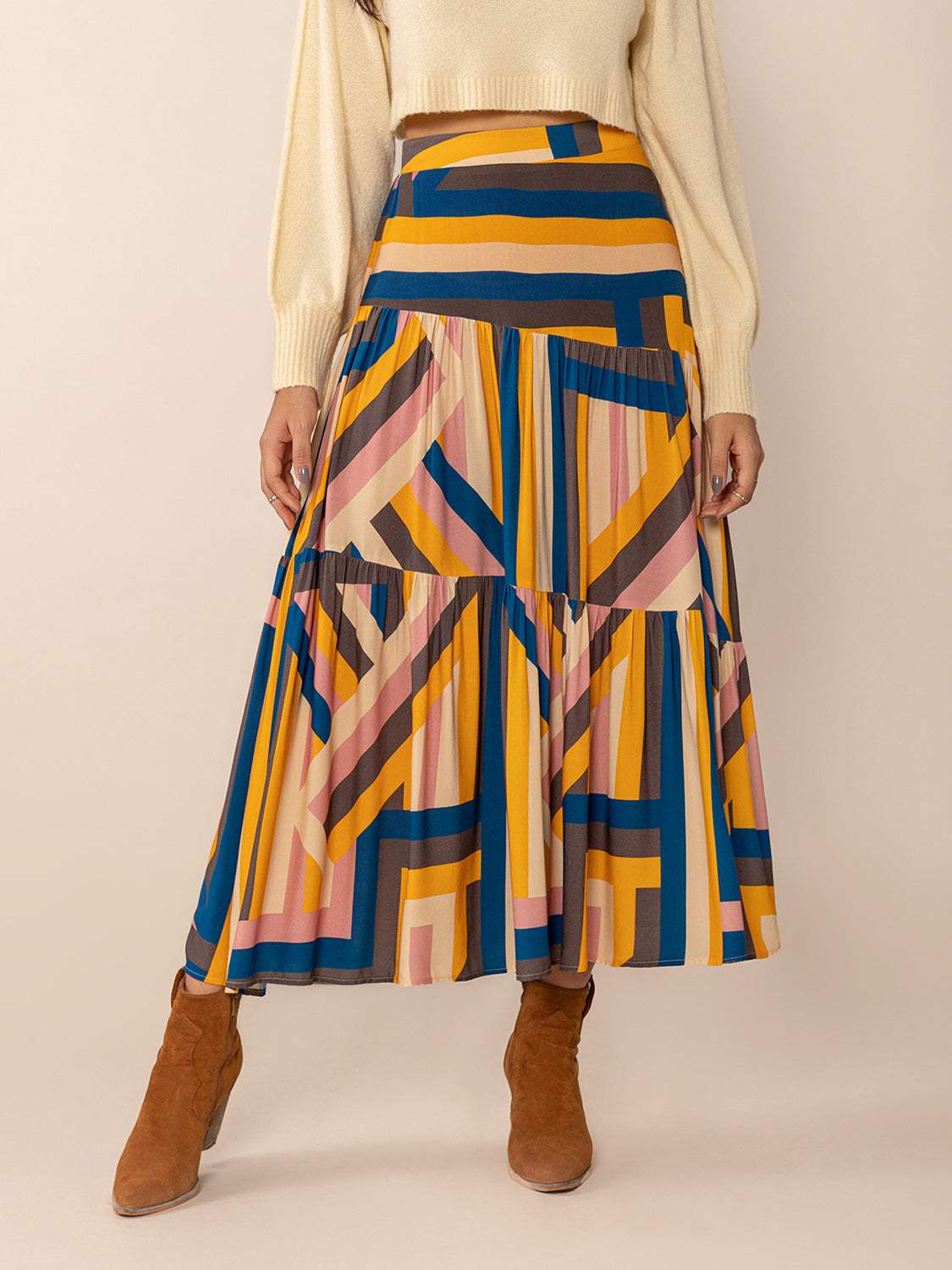 Ruched Elastic Waist Contrast Midi Skirt - Trendsi - Flyclothing LLC