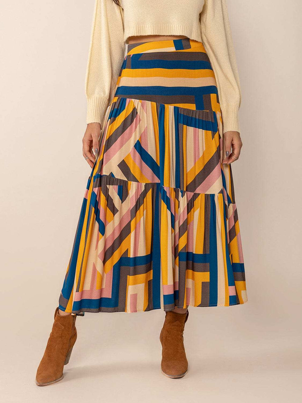 Ruched Elastic Waist Contrast Midi Skirt - Trendsi - Flyclothing LLC
