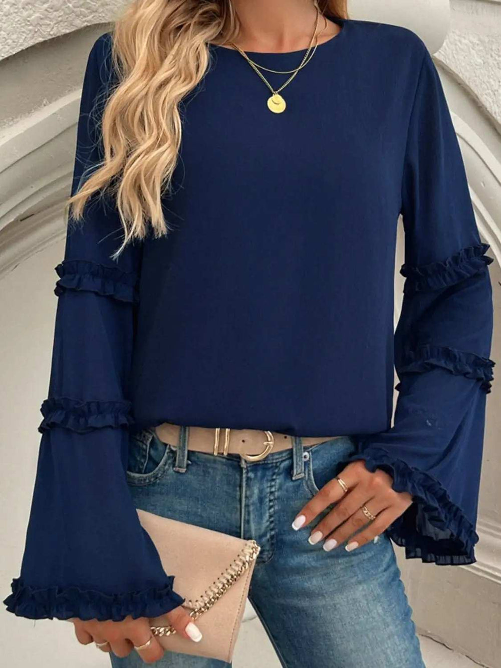Devine Frill Round Neck Long Sleeve Top - Trendsi - Flyclothing LLC