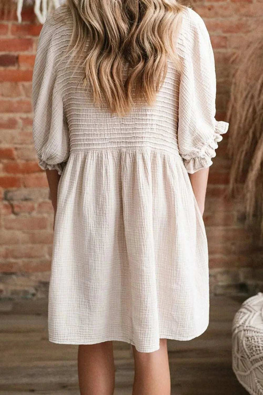 Textured Ruffled Puff Sleeve Loose Dress - Trendsi - Flyclothing LLC