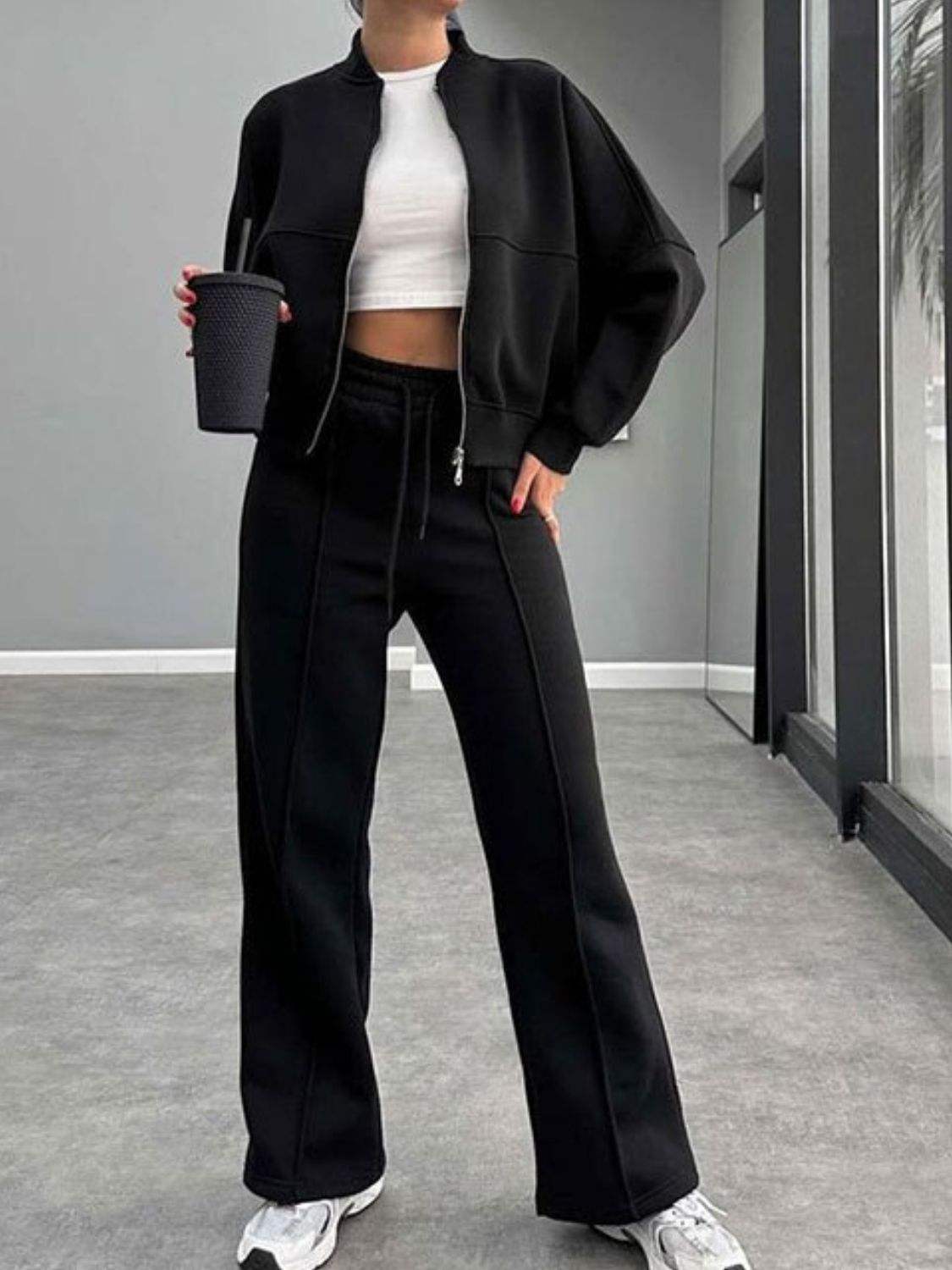 Baseball Collar Zip Up Outerwear and Drawstring Pants Set - Trendsi - Flyclothing LLC
