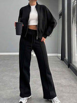 Baseball Collar Zip Up Outerwear and Drawstring Pants Set - Trendsi - Flyclothing LLC