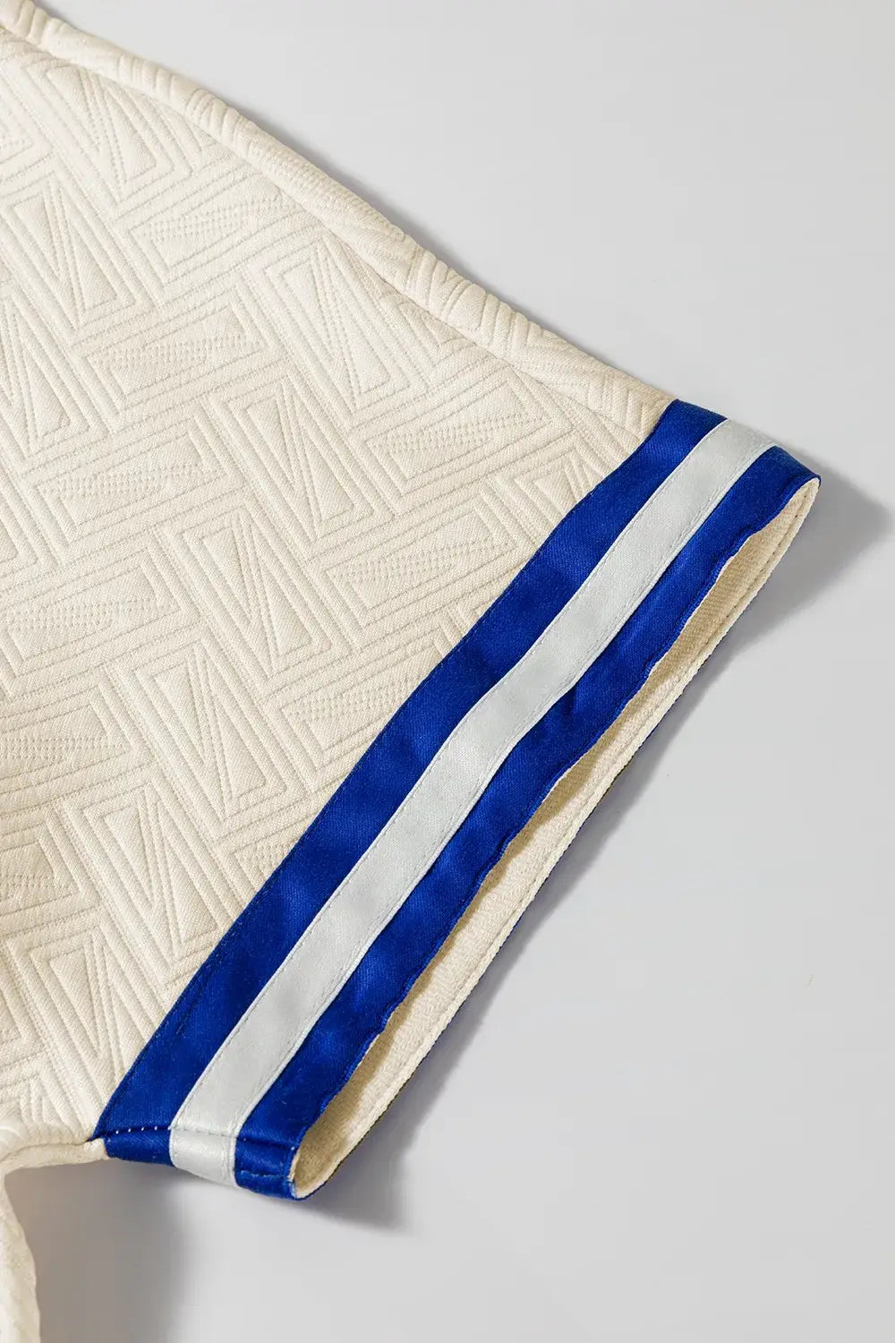 Striped Trim Textured Quarter Zipper Short Sleeve Top - Trendsi - Flyclothing LLC