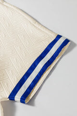 Striped Trim Textured Quarter Zipper Short Sleeve Top - Trendsi - Flyclothing LLC