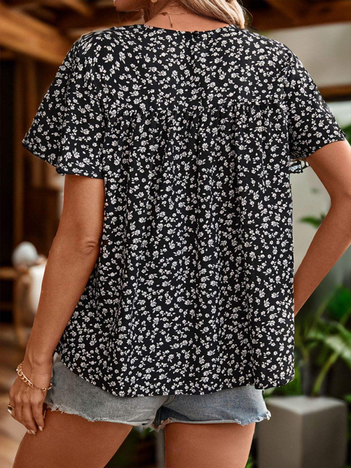Lace Detail Floral Round Neck Short Sleeve Blouse - Trendsi - Flyclothing LLC