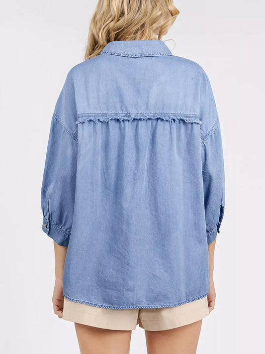 Casual Button Up 3/4 Sleeve Shirt - Trendsi - Flyclothing LLC