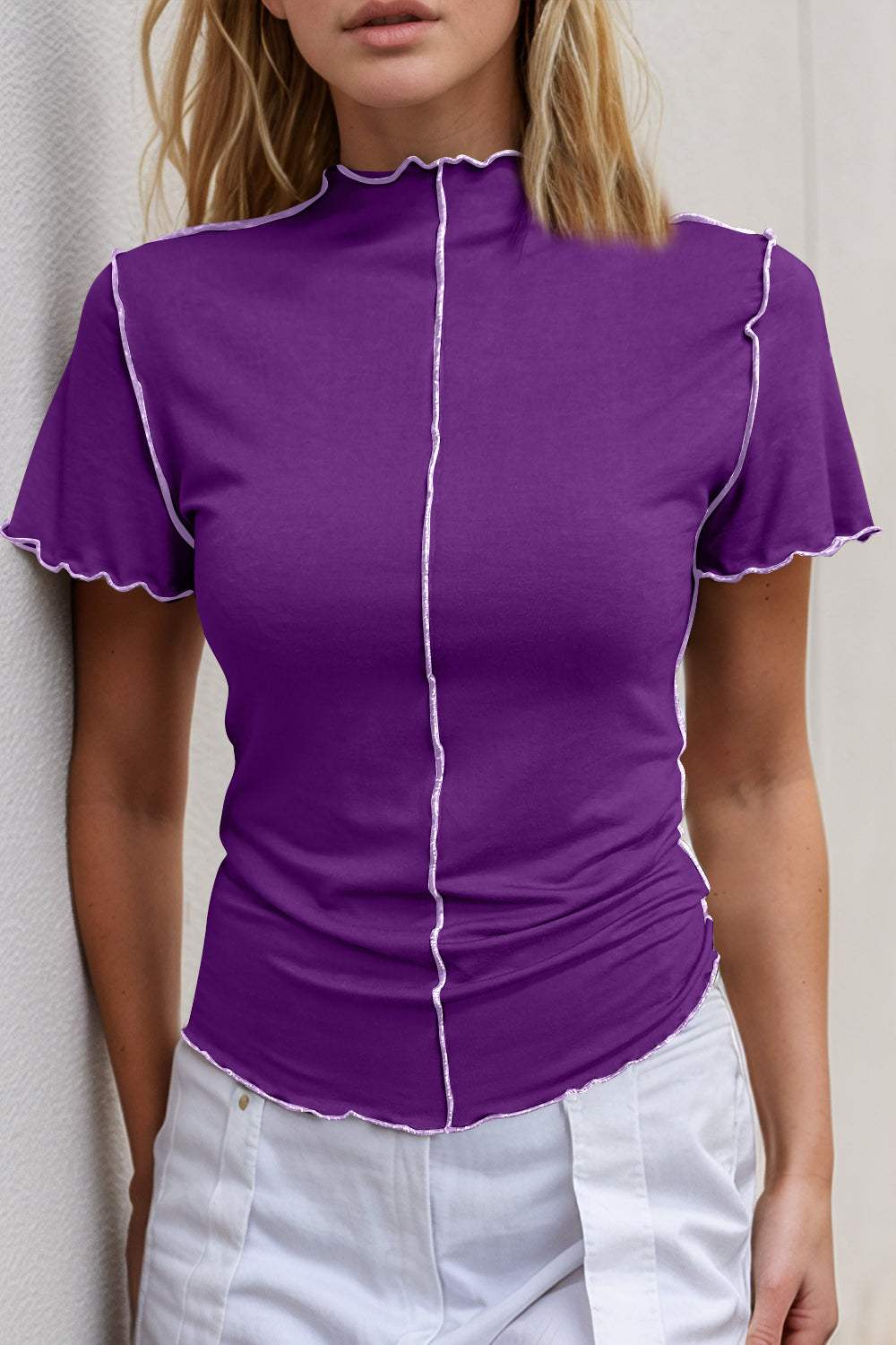 Basic Bae Contrast Trim Mock Neck Short Sleeve T-Shirt - Trendsi - Flyclothing LLC