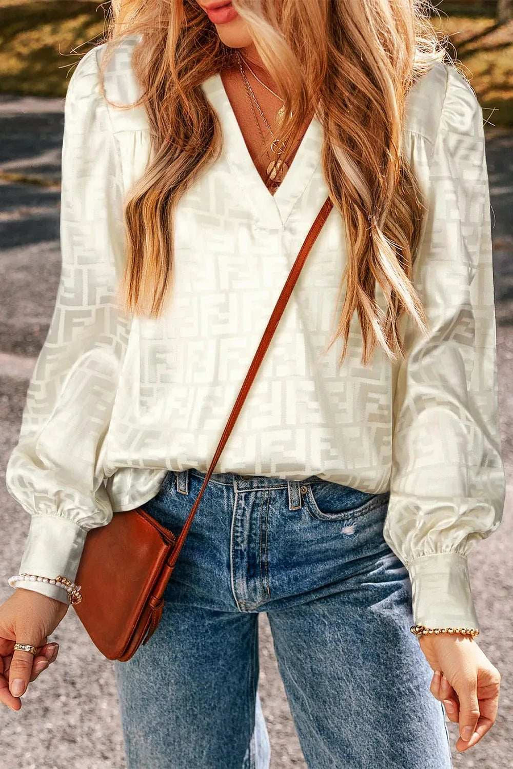 Geometric V-Neck Long Sleeve Blouse - Trendsi - Flyclothing LLC