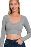 Zenana Seamless Fitted Rib V-neck Long Sleeve Crop Top - Trendsi