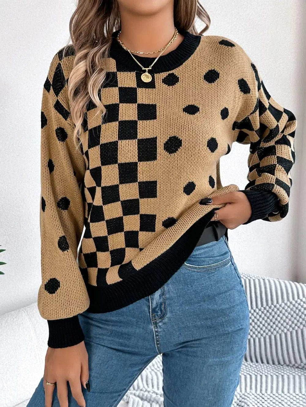 Plaid Round Neck Long Sleeve Sweater - Trendsi - Flyclothing LLC