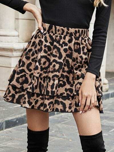 Ruffled Leopard Elastic Waist Skirt - Trendsi - Flyclothing LLC