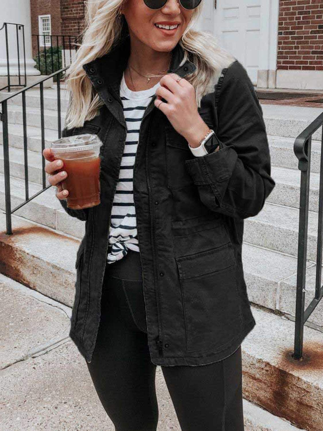 Pocketed Long Sleeve Zip Up Jacket - Trendsi - Flyclothing LLC