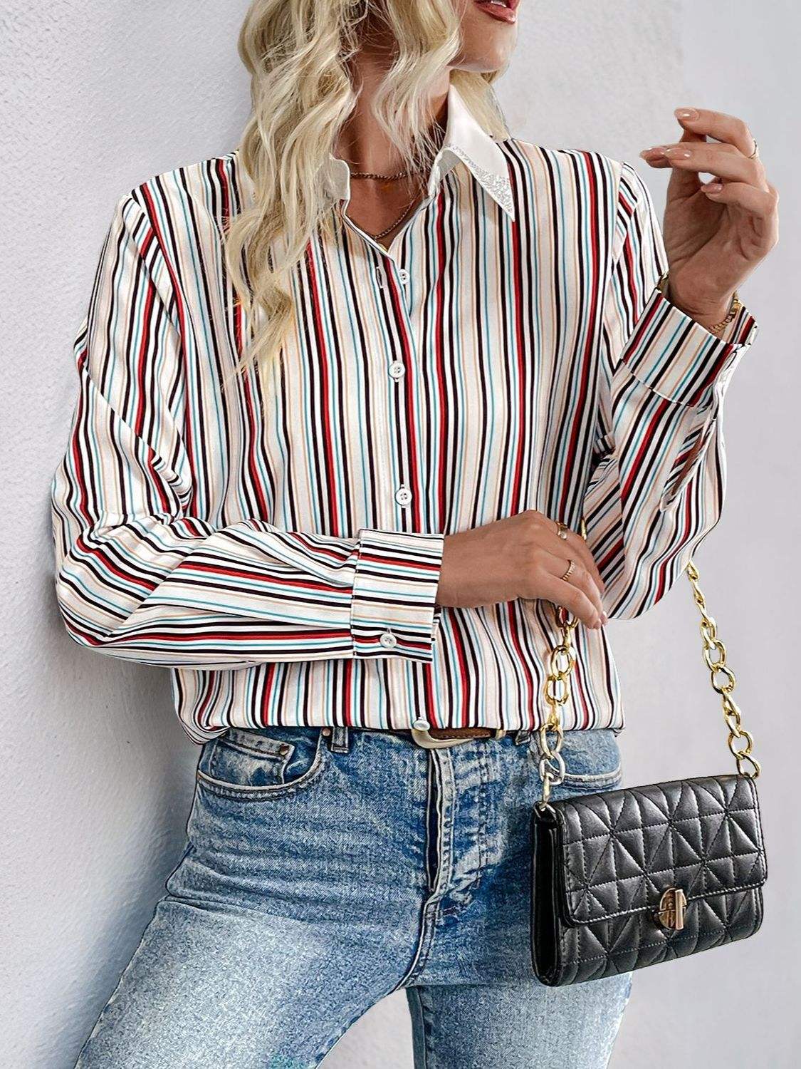 Perfee Contrast Striped Collared Neck Long Sleeve Shirt - Trendsi - Flyclothing LLC