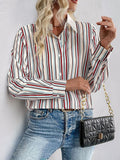 Perfee Contrast Striped Collared Neck Long Sleeve Shirt - Trendsi