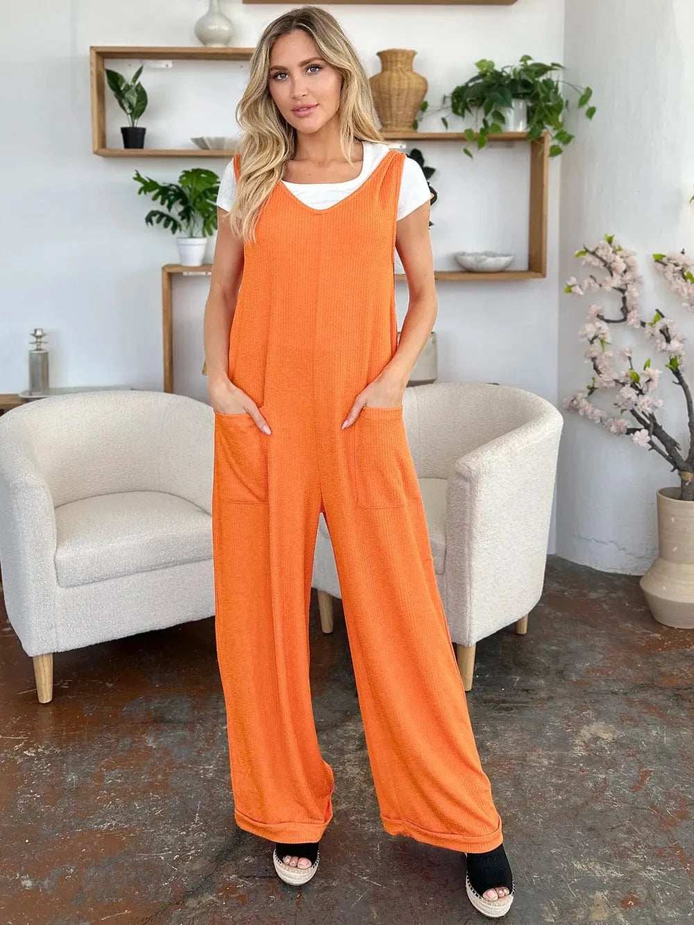 Double Take Full Size Texture Sleeveless Wide Leg Jumpsuit - Trendsi - Flyclothing LLC