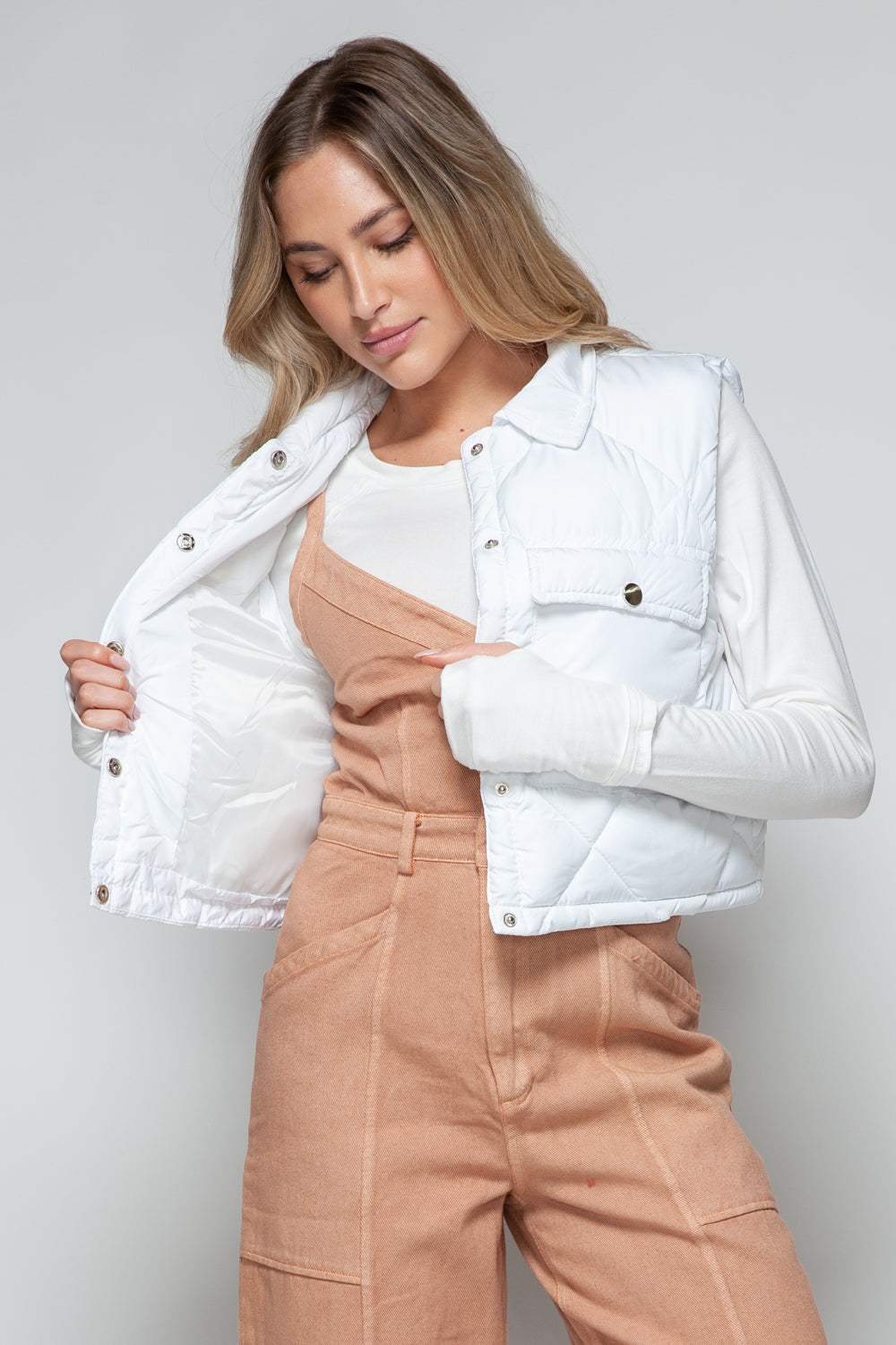Snobbish Snap Down Quilted Crop Vest - Trendsi - Flyclothing LLC