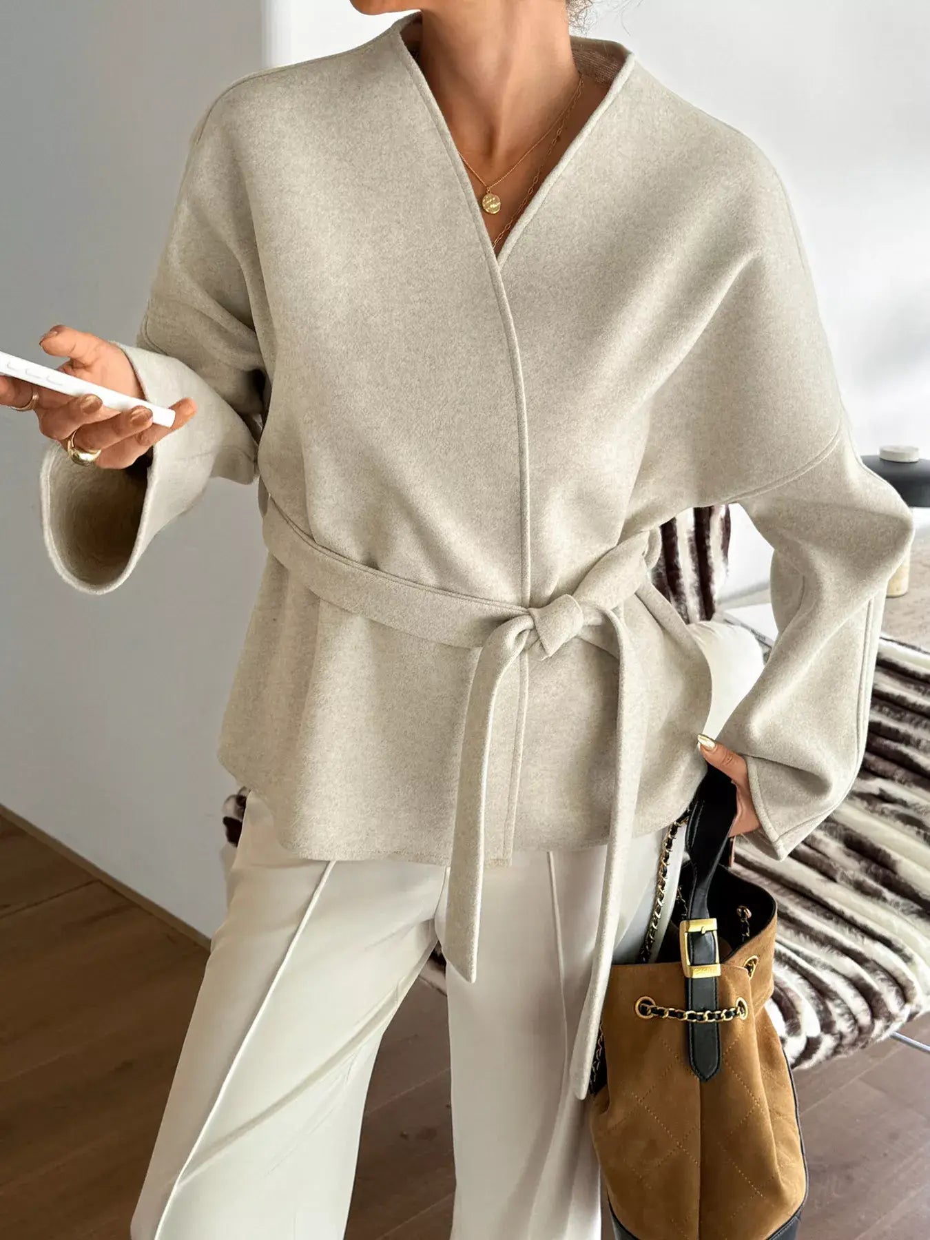 Surplice Dropped Shoulder Tie Belt Outerwear - Trendsi - Flyclothing LLC