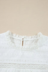 Lace Round Neck Flutter Sleeve Eyelet Blouse - Trendsi - Flyclothing LLC