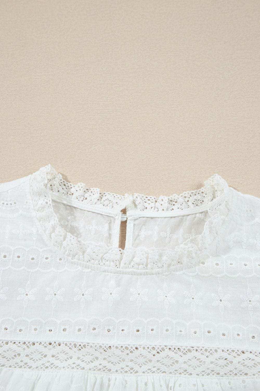 Lace Round Neck Flutter Sleeve Eyelet Blouse - Trendsi - Flyclothing LLC
