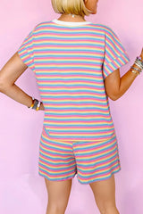 Striped Round Neck Top and Shorts Set - Trendsi - Flyclothing LLC