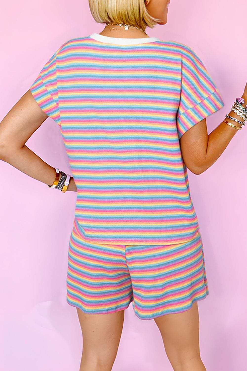 Striped Round Neck Top and Shorts Set - Trendsi - Flyclothing LLC