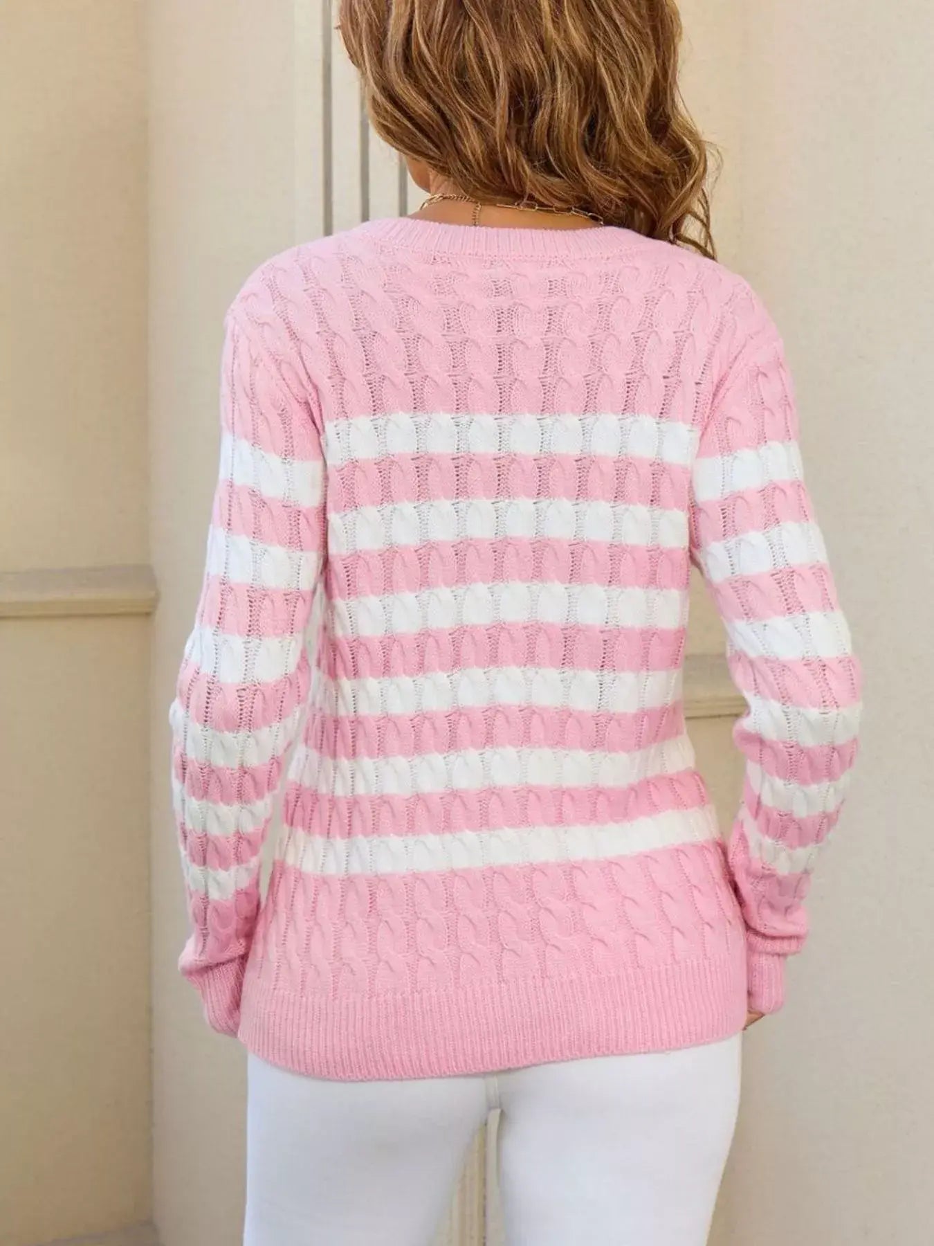 Striped Cable Knit Round Neck Sweater - Trendsi - Flyclothing LLC