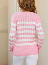Striped Cable Knit Round Neck Sweater - Trendsi - Flyclothing LLC