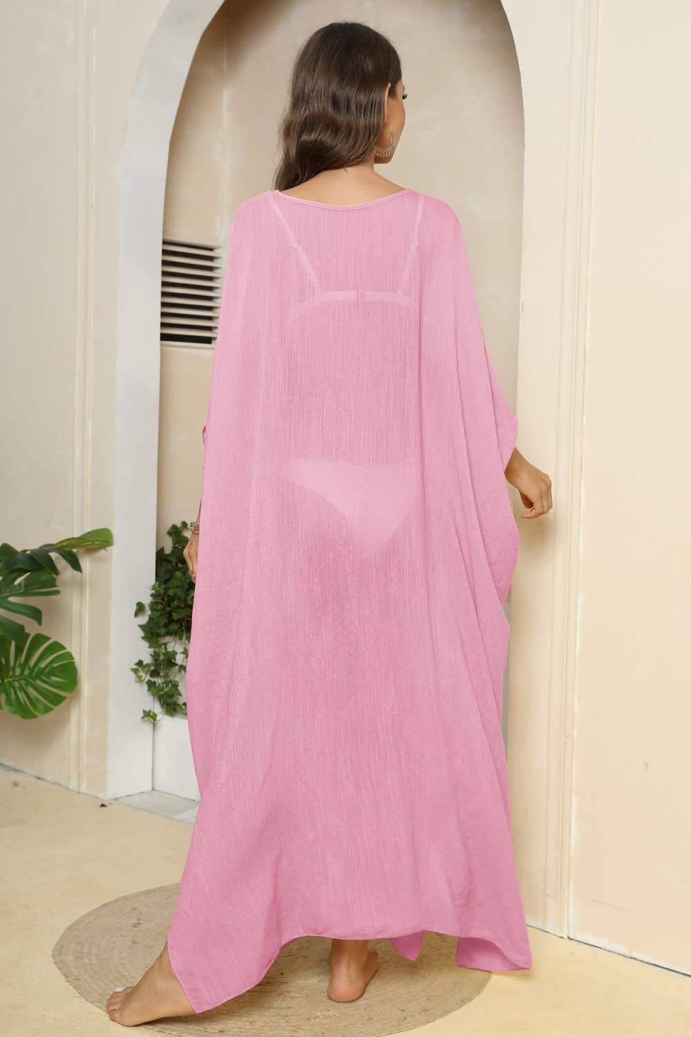 V-Neck Three-Quarter Sleeve Cover-Up - Trendsi - Flyclothing LLC