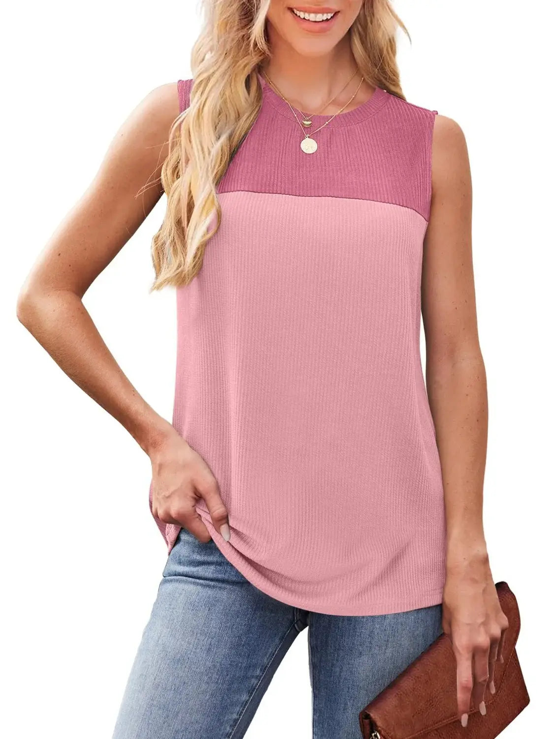 Color Block Round Neck Tank - Trendsi - Flyclothing LLC