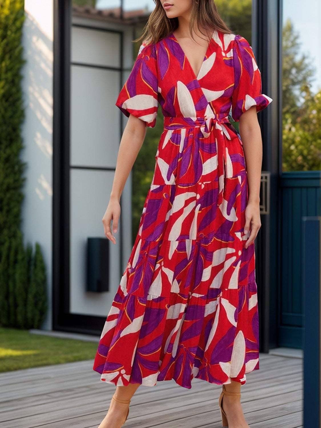 Tied Slit Printed Half Sleeve Midi Dress - Trendsi - Flyclothing LLC