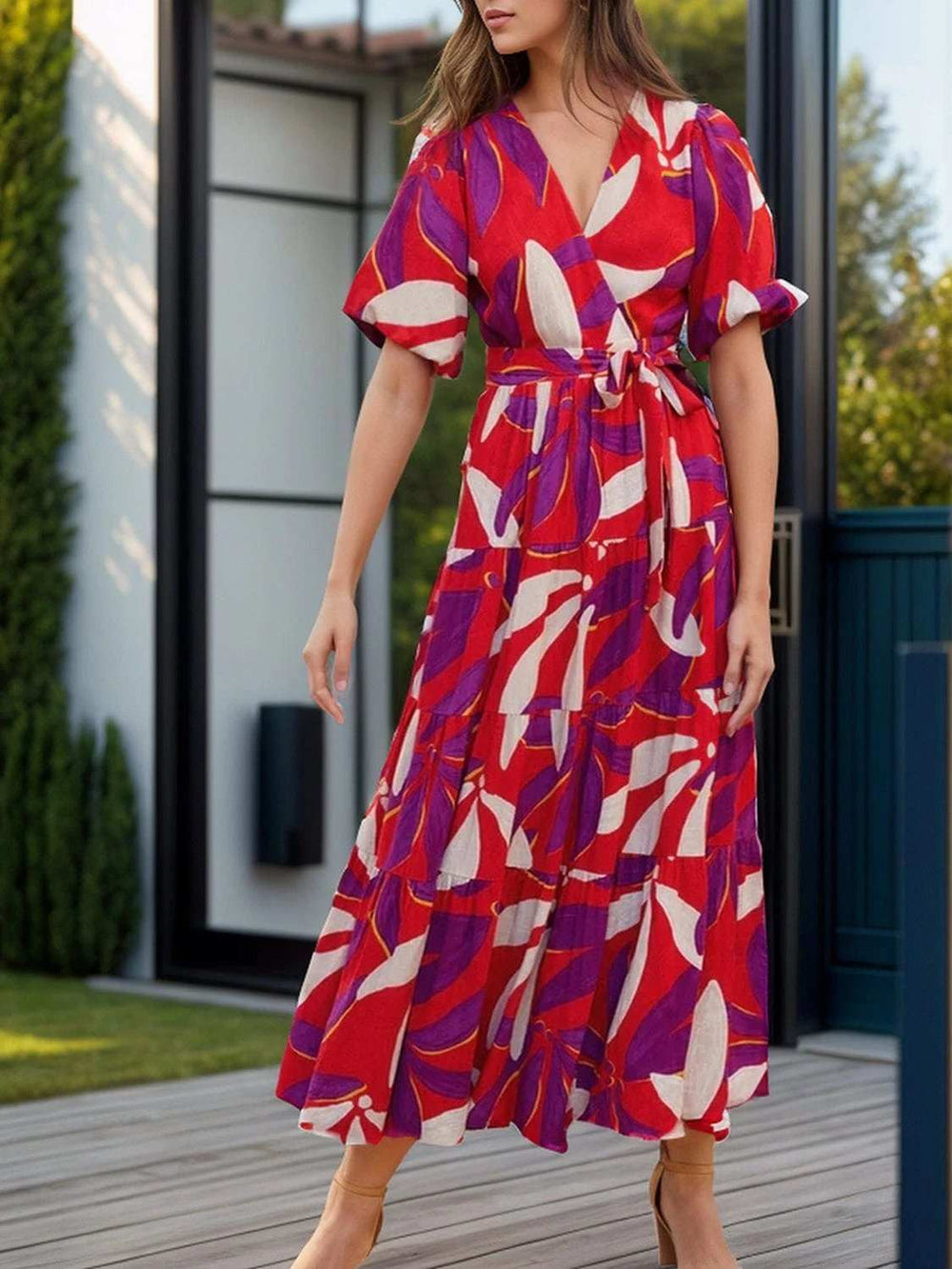 Tied Slit Printed Half Sleeve Midi Dress - Trendsi - Flyclothing LLC