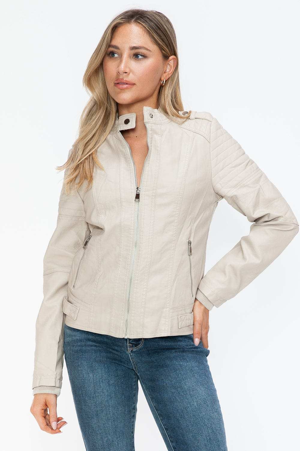 Snobbish PU Leather Biker Jacket with Side Zip Pockets - Trendsi - Flyclothing LLC