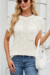 Checkered Round Neck Short Sleeve Knit Top - Trendsi - Flyclothing LLC