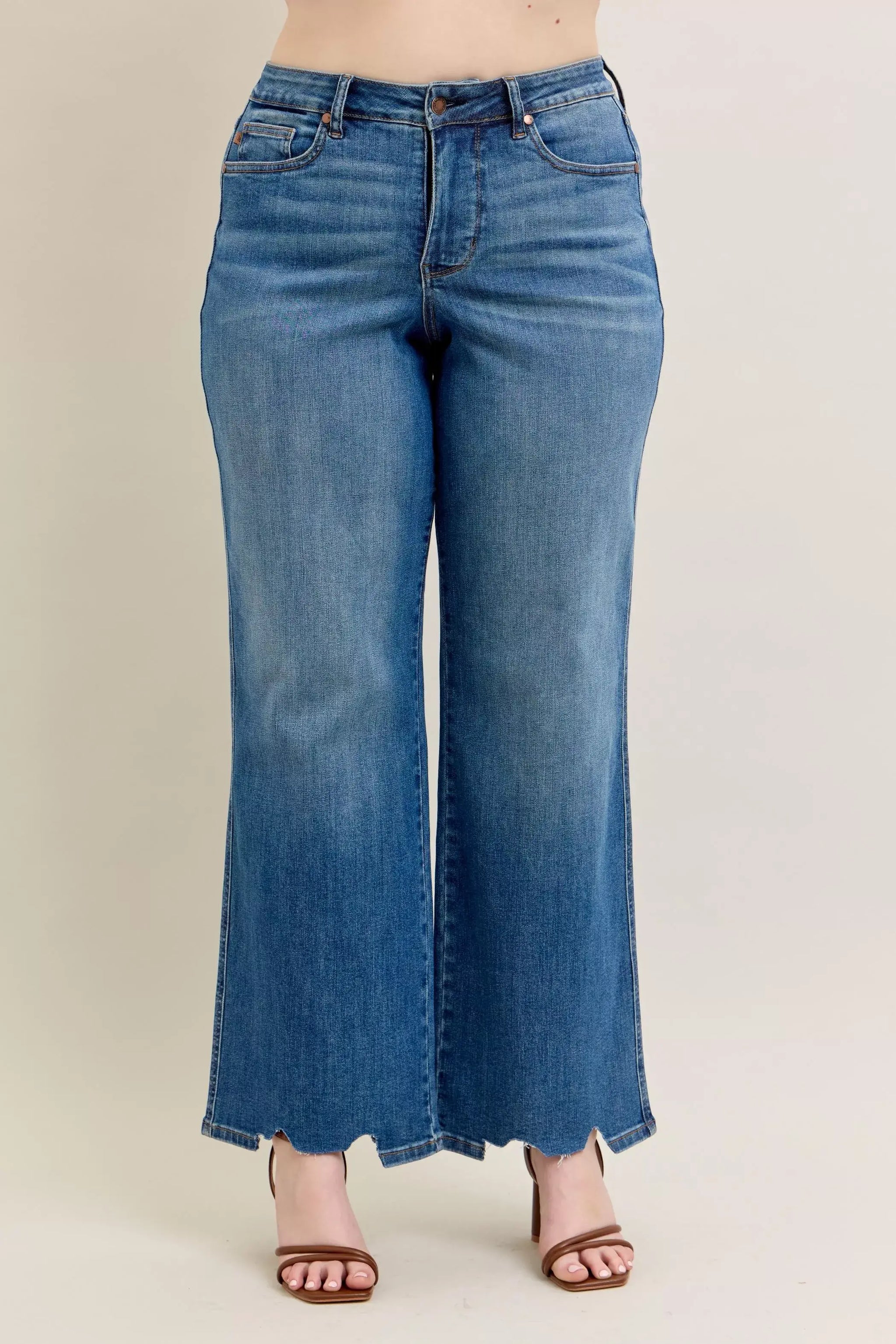 Judy Blue Full Size High Waist Tummy Control Chew Hem Destroy Wide Jeans Plus Size - Trendsi - Flyclothing LLC