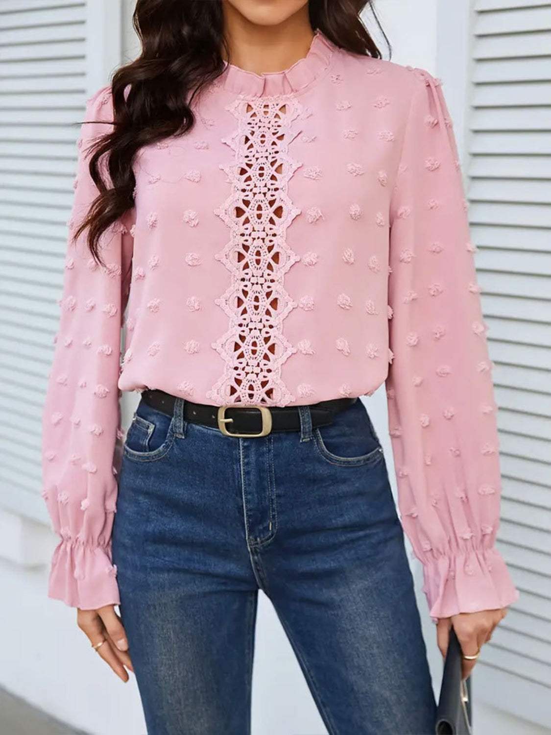 Swiss Dot Mock Neck Flounce Sleeve Blouse - Trendsi - Flyclothing LLC