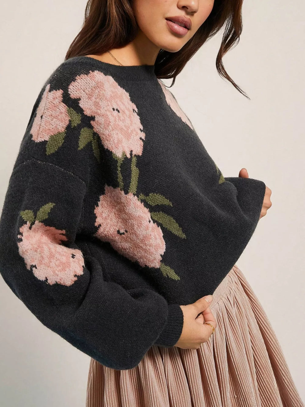 Floral Boat Neck Long Sleeve Sweater - Trendsi - Flyclothing LLC
