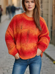 Openwork Round Neck Long Sleeve Sweater - Trendsi